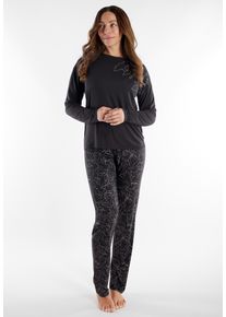 Schlafanzug Tom Tailor "Xanthi", Damen, Gr. 44 (XXL), grau, dunkel, allover, Single Jersey, Obermaterial: 95% Viskose, 5% Elasthan, bequem lang, Rundhals, Homewear-Sets Schlafanzug, mit langen &Auml;rmeln, Rundhalsausschnitt