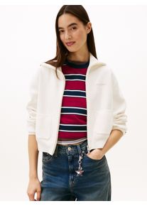 Strickjacke Tommy Jeans "TJW COZY SCRIPT CARDIGAN", Damen, Gr. M (38), ancient wei&szlig;, Strick, Obermaterial: 90% Polyester, 9% Polyamid, 1% Elasthan, unifarben, regular fit, B&uuml;ndchen, Strickjacken Strickjacke