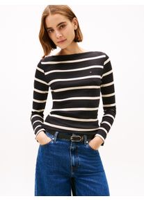 Langarmshirt Tommy Hilfiger "SLIM 5X2 RIB BOAT-NK LS mit U-Boot Ausschnitt und Rippstruktur", Damen, Gr. XXL (44), schwarz, calico stp, Single Jersey, Obermaterial: 95% Viskose, 5% Elasthan, gestreift, figurbetont normal, U-Boot-Ausschnitt, Shirts Langarmshirt, unifarben, casual, slim fit, Viskosemix, U-Boot-Ausschnitt
