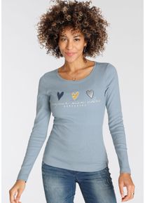 Longsleeve Kangaroos, Damen, Gr. 52/54, blau (blaugrau), Rippware, Obermaterial: 100% Baumwolle, bedruckt, unifarben mit Farbeinsatz, sehr figurbetont h&uuml;ftbedeckend, Rundhals, Shirts Longsleeve, Langarm, sehr figurbetont und h&uuml;ftbedeckend, mit Herzchen-Detail, Topseller