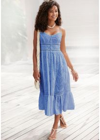 Midikleid Buffalo, Damen, Gr. 34, N-Gr, blau (rauchblau), Web, Obermaterial: 100% Baumwolle. Futter: 100% Baumwolle, unifarben, figurbetont ca. Mitte Wade, V-Ausschnitt, Kleider Midikleid, mit hochwertiger Lochstickerei, luftiges Sommerkleid aus Baumwolle, Topseller