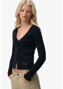 Langarmshirt Superdry "ESSENTIAL BUTTON THRU LS TOP", Damen, Gr. M, eclipse navy, Single Jersey, Obermaterial: 100% Baumwolle, unifarben, skinny fit normal, tiefer Rundhals, Shirts Langarmshirt, Baumwolle, skinny fit