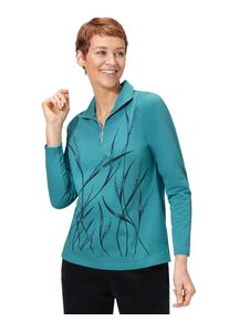 Langarm-Poloshirt Classic Basics "Winter-Shirt", Damen, Gr. 46, blau (wintert&uuml;rkis, gemustert), 100% Baumwolle, unifarben, ohne Ausschnitt, Shirts Langarm-Poloshirt