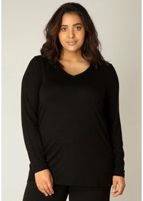 Langarmshirt Base Level Curvy "Alize", Damen, Gr. 44, schwarz, Jersey, Obermaterial: 94% Viskose, 6% Elasthan, unifarben, figurbetont h&uuml;ftbedeckend, V-Ausschnitt, eingesetzt abgesteppt, Shirts Langarmshirt, Weiche, leicht gl&auml;nzende Qualit&auml;t