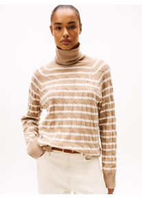 Rollkragenpullover Tommy Hilfiger "SOFT WOOL CABLE ROLL-NK LS SWT", Damen, Gr. M (38), safari canvas htr, ivory petal stp, Strick, Obermaterial: 100% Wolle, gestreift, meliert, normal, Pullover Rollkragenpullover, mit Zopfmuster, aus reiner Wolle