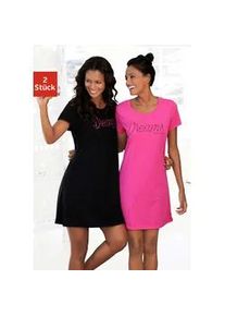 Sleepshirt Vivance DREAMS, Damen, Gr. 32/34, N-Gr, pink (pink, schwarz), Single Jersey, Obermaterial: 100% Baumwolle, unifarben mit Farbeinsatz, Basic, Basic kurz, Rundhals, eingesetzt, Kleider Sleepshirt, mit Print in Spitzenoptik