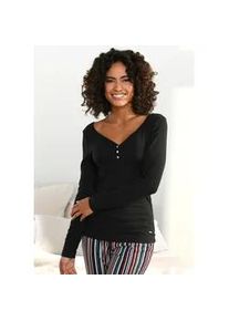 Pyjamaoberteil s.Oliver, Damen, Gr. 40/42, schwarz, Feinripp, Obermaterial: 63% Polyester, 33% Viskose, 4% Elasthan, unifarben, Basic, k&ouml;rpernah h&uuml;ftlang, V-Ausschnitt, eingesetzt, Shirts, aus geripptem Stoff mit Zier-Knopfleiste