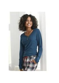 Pyjamaoberteil s.Oliver, Damen, Gr. 44/46, blau (petrol), Feinripp, Obermaterial: 63% Polyester, 33% Viskose, 4% Elasthan, unifarben, Basic, k&ouml;rpernah h&uuml;ftlang, V-Ausschnitt, eingesetzt, Shirts, aus geripptem Stoff mit Zier-Knopfleiste