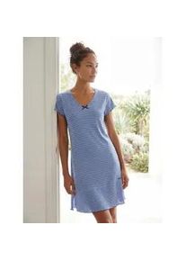 H.I.S. Nachthemd H.I.S, Damen, Gr. 48/50, N-Gr, blau (blau, geringelt), Single Jersey, Obermaterial: 100% Baumwolle, gestreift, figurumspielend kurz, V-Ausschnitt, eingesetzt Babylock kontrastfarben, Kleider Nachthemd, in s&uuml;&szlig;em Streifenlook mit Kr&auml;uselr&auml;ndern, Topseller