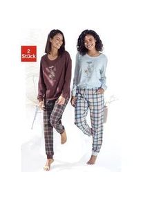 Pyjama Vivance DREAMS, Damen, Gr. 44/46, bunt (bordeaux, kariert, kariert, hellblau), Single Jersey, Obermaterial: 100% Baumwolle. Unterteil: 100% Baumwolle, Basic, Basic lang, Rundhals, Rippb&uuml;ndchen, Homewear-Sets Pyjama, mit Frontdruck, Topseller