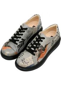 Plateausneaker DOGO "Myra Low-Top Sneaker Birds Chirping Damen Sneaker", Damen, Gr. 36, Normalschaft, grau, Lederimitat, Schuhe Skaterschuh Schn&uuml;rschuh Sneaker low, Handgefertigt