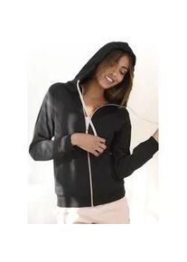 Kapuzensweatjacke Lascana, Damen, Gr. 44/46, schwarz, Sweatware, Obermaterial: 60% Baumwolle, 40% Polyester. Kapuzenfutter: 100% Baumwolle, unifarben, bequem h&uuml;ftlang, B&uuml;ndchen, Sweatjacken, Sweatshirtjacke mit Details in Ros&eacute;gold, Loungewear