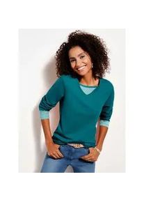 Langarmshirt Classic Basics "Shirt", Damen, Gr. 50, blau (petrol), 100% Baumwolle, gemustert, mehrfarbig, V-Ausschnitt, Shirts Langarmshirt