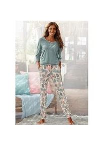 Pyjama Lascana, Damen, Gr. 32/34, jadegr&uuml;n, bedruckt, Single Jersey, Obermaterial: 100% Baumwolle, bedruckt, Basic lang, Rundhals, eingesetzt,mit Aufschlag,mit Riegel, Homewear-Sets Pyjama, mit gemusterter Hose