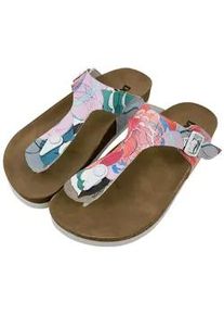 Zehentrenner DOGO "Lila Zehentrenner Hello Damen Sandalen", Damen, Gr. 38, Normalschaft, bunt (mehrfarbig), Lederimitat, Schuhe Zehentrenner, Handgefertigt