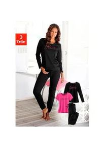 Pyjama Vivance DREAMS, Damen, Gr. 40/42, pink (pink, schwarz), Single Jersey, Obermaterial: 100% Baumwolle, unifarben, Basic lang, Rundhals, Homewear-Sets Pyjama, mit Frontschriftzug