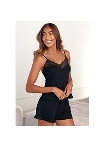 Shorty Lascana, Damen, Gr. 40/42, schwarz, Jersey, Obermaterial: 100% Viskose, unifarben, figurumspielend kurz, V-Ausschnitt, Homewear-Sets Shorty, mit Spitzeneins&auml;tzen