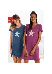 Nachthemd Vivance DREAMS, Damen, Gr. 36/38, N-Gr, bunt (bordeaux, marine), Single Jersey, Obermaterial: 100% Baumwolle, Basic, kurz, Kleider Nachthemd, mit Sternenprint
