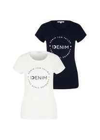 T-Shirt Tom Tailor DENIM, Damen, Gr. S (34), blau (marine, wei&szlig;), Jersey, Obermaterial: 100% Baumwolle, bedruckt, unifarben, Basic, normal normal, Rundhals, Shirts T-Shirt