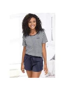 Shorty Vivance DREAMS, Damen, Gr. 52/54, blau (dunkelblau), Single Jersey, Obermaterial: 100% Baumwolle, bestickt, gestreift, bequem kurz, Rundhals, Raglan&auml;rmel, Homewear-Sets Shorty, mit sch&ouml;nem Streifenmuster