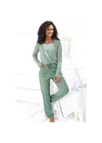 Pyjama Vivance DREAMS, Damen, Gr. 56/58, gr&uuml;n, Single Jersey, Obermaterial: 100% Baumwolle, bestickt, gestreift, Basic, bequem lang, Rundhals, Raglan&auml;rmel, Homewear-Sets Pyjama, mit garngef&auml;rbten Streifen