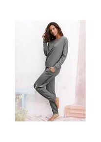 Pyjama Vivance DREAMS, Damen, Gr. 44/46, grau (anthrazit melange), Single Jersey, Obermaterial: 60% Polyester, 36% Viskose, 4% Elasthan, meliert, unifarben, Basic, Basic bodenlang, Homewear-Sets Pyjama, mit aufgesetzten Seitenstreifen