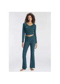 Pyjama Lascana, Damen, Gr. 40/42, gr&uuml;n (dunkelgr&uuml;n), Single Jersey, Obermaterial: 63% Polyester, 33% Viskose, 4% Elasthan, schmal lang, tiefer V-Ausschnitt, Homewear-Sets Pyjama, aus sch&ouml;nem Ripp-Material