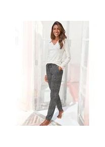 Pyjama Lascana, Damen, Gr. 36/38, schwarz (nude, schwarz, kariert), Single Jersey, Obermaterial: 63% Polyester, 33% Viskose, 4% Elasthan. Unterteil: 50% Baumwolle, 50% Viskose, kariert, unifarben, Basic, bequem lang, Rundhals, B&uuml;ndchen, Homewear-Sets Pyjama, mit geripptem Langarmshirt