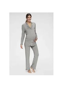 Umstandspyjama Lascana, Damen, Gr. 32/34, grau, Single Jersey, Obermaterial: 95% Viskose, 5% Elasthan, meliert, sehr bequem lang, V-Ausschnitt, eingesetzt Manschette, Homewear-Sets, mit Knopfleiste und Raffung an der Seitennaht