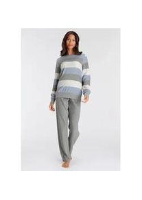 Pyjama Vivance DREAMS, Damen, Gr. 32/34, grau (grau, blau), Frottee, Obermaterial: 80% Baumwolle, 20% Polyester, gestreift, loose fit lang, Rundhals, eingesetzt Rippb&uuml;ndchen, Homewear-Sets Pyjama, aus weichem Frott&eacute;e und mit Colorblock Streifen
