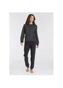 Pyjama Vivance DREAMS, Damen, Gr. 32/34, grau (steifen,, herzchen, muster), Frottee, Obermaterial: 80% Baumwolle, 20% Polyester, gemustert, gestreift, bequem lang, Rundhals, B&uuml;ndchen kontrastfarben, Homewear-Sets Pyjama, aus weichem Frott&eacute;e mit Streifen und Herzen