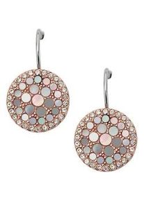 Paar Ohrhaken Fossil "Schmuck Edelstahl Ohrringe Disc Drop Vintage Glitz", rosa (ros&eacute;goldfarben, edelstahlfarben, perlmuttfarben, kristallwei&szlig;, kristallwei&szlig;), Ohrringe, Damen, Edelstahl, mit Glasstein - mit Perlmutt