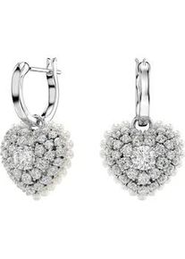 Paar Creolen Swarovski "Idyllia E Heart Drop Herz", silber (metallfarben, kristallwei&szlig;, wei&szlig;, kristallwei&szlig;), Ohrringe, Damen, Metall Perlen, Metall, Perlen, mit Swarovski Kristall - mit Swarovski Perle - Einh&auml;nger abnehmbar