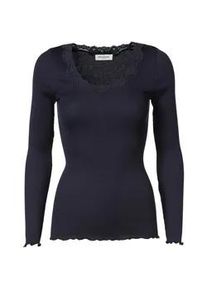 Langarmshirt rosemunde "Babette Silk Blouse", Damen, Gr. M, blau (schwarz navy), Feinripp, Obermaterial: 70% Seide, 30% Baumwolle, clean, unifarben, schmal h&uuml;ftbedeckend, Rundhals, gewellter Abschluss, Shirts Langarmshirt, Langarm, mit Spitze, feminin, bequem, eng, Seidenmix