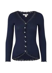 Strickjacke rosemunde "Babette Silk Cardigan", Damen, Gr. XS, blau (navy), Feinripp, Obermaterial: 70% Seide, 30% Baumwolle, unifarben, h&uuml;ftlang, V-Ausschnitt, gewellter Abschluss, Strickjacken Strickjacke, Vintage-Spitzenbesatz, Perlmuttknopfleiste, Langarm, Seidenmix
