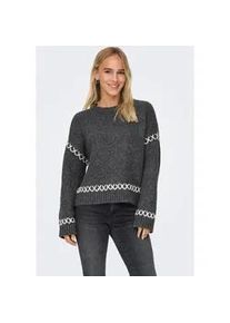Rundhalspullover Only "ONLAMANDA LIFE LS O-NECK DETAIL CC KNT", Damen, Gr. M, grau (dunkelgrau melange detail:cloud dancer), Strick, Obermaterial: 77% Polyester, 23% Polyacryl, unifarben mit Farbeinsatz, regular fit h&uuml;ftlang, Rundhals, Rippb&uuml;ndchen, Pullover Rundhalspullover