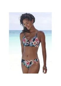Triangel-Bikini-Top Lascana "Salsa", Damen, Gr. 36, Cup E/F, schwarz (schwarz bedruckt), Microfaser, Recycling-Polyamid, bedruckt, gebl&uuml;mt, Bikini-Oberteile, mit Zierring und tollem Blumenprint
