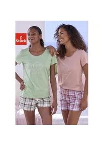 Shorty Vivance DREAMS, Damen, Gr. 36/38, gr&uuml;n (gr&uuml;n und rosa, kariert), Single Jersey, Obermaterial: 100% Baumwolle, kariert, Basic, Basic kurz, Rundhals, eingesetzt, Homewear-Sets Shorty, mit karierter Pyjamashorts