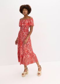 bonprix Carmen-Kleid, rot, Gr.48/50 (XL), modisch bedrucktes Jersey-Carmen-Kleid mit Smok am Oberteil und Volant Am Ausschnitt und am Saum
