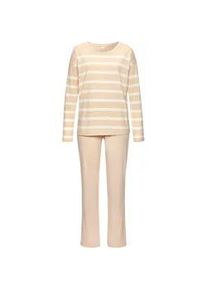 Pyjama s.Oliver, Damen, Gr. 44/46, beige (beige, wei&szlig;, gestreift), Single Jersey, Obermaterial: 60% Baumwolle, 40% Polyester, gestreift, unifarben, bequem lang, Rundhals, Homewear-Sets Pyjama, mit garngef&auml;rbten Streifen im Oberteil