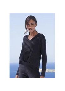 Strickpullover French Connection, Damen, Gr. 40/42, schwarz, Rippstrick, Obermaterial: 50% Viskose (LENZINGTM ECOVEROTM), 28% Polyester, 22% Polyamid, unifarben, bequem h&uuml;ftlang, V-Ausschnitt, normaler Saum, Pullover Strickpullover, mit V-Ausschnitt, Loungewear