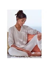 Pyjamaoberteil s.Oliver, Damen, Gr. 44/46, beige (beige, meliert), Single Jersey, Obermaterial: 92% Modal (TENCELTM), 8% Elasthan, meliert, loose fit h&uuml;ftlang, V-Ausschnitt, Shirts, in angenehmer 4x4 Rippqualit&auml;t