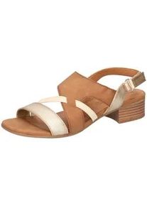 Sandalette Mustang SHOES, Damen, Gr. 38, gold (cognacfarben, goldfarben), Lederimitat, metallic, vintage, Schuhe Sandalette, Sandalette, Festtagsschuh mit Metallic-Eins&auml;tzen