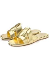 Pantolette Lascana "Mule, Sommerschuh, offener Schuh, Sandale", Damen, Gr. 42, gold (goldfarben), Obermaterial: 100% Lederimitat. Decksohle: 100% Lederimitat. Futter: 100% Lederimitat. Laufsohle: 100% Synthetik, unifarben, Schuhe Pantolette, im modischen Metallic Look mit raffinierten Riemchen VEGAN