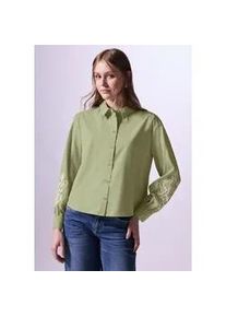 Langarmbluse STREET ONE STUDIO, Damen, Gr. 42, gr&uuml;n (mild gr&uuml;n), Web, 100% Baumwolle, unifarben, gerade normal, V-Ausschnitt, B&uuml;ndchen, Blusen, aus reiner Baumwolle