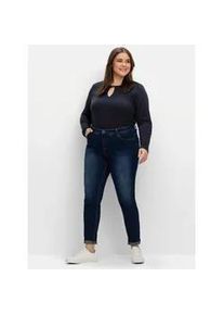 Stretch-Jeans sheego, Damen, Gr. 58, Normalgr&ouml;&szlig;en, blau (dunkelblau denim), 74% Baumwolle, 22% Polyester, 3% Viskose, 1% Elasthan, unifarben, lang, Jeans