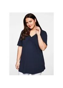 Longshirt sheego "Longshirt", Damen, Gr. 52/54, blau (marine), 95% Baumwolle, 5% Elasthan, unifarben, V-Ausschnitt, Shirts Longshirt