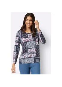 Langarmshirt Classic Basics "Langarm-Shirt", Damen, Gr. 44, grau (hellgrau, marine, bedruckt), 100% Baumwolle, bedruckt, gemustert, mehrfarbig, Rundhals, Shirts Langarmshirt