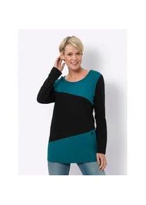 Langarmshirt Classic Basics "Longshirt", Damen, Gr. 46, blau (schwarz, aquapetrol), 100% Baumwolle, gemustert, mehrfarbig, Rundhals, Shirts Langarmshirt