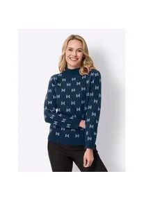 Stehkragenpullover Classic Basics "Stehkragen-Pullover", Damen, Gr. 56, blau (dunkelblau, ecru, gemustert), 100% Polyacryl, gemustert, mehrfarbig, Pullover Stehkragenpullover